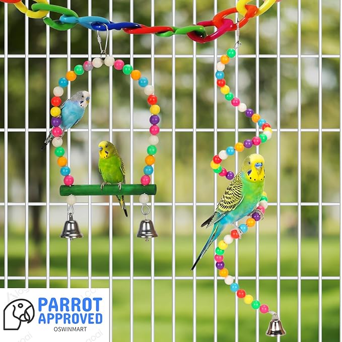 2PCs Swing Parrot Toy Spiral Perch Bird Cage Toy Colorful Wood and Glow Beads with Metal Bell for Small to Regular Parrot Parakeets,Macaw,Conure, Cockatiel, Finchess