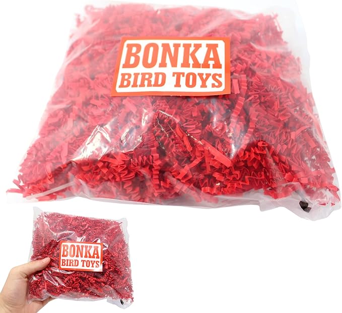 Bonka Bird Toys Colored Crinkle Shred Paper Chew Forage Nesting Treat Natural Multi-Use Craft Part Projects Cockatiels Parakeets Conures Amazons and Other Similar Birds (Red)