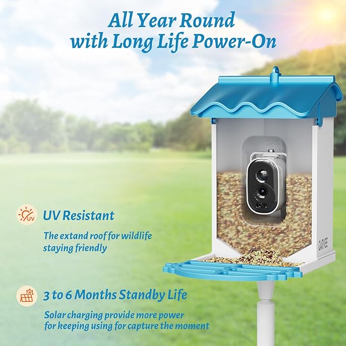 TROPOW Smart Bird Feeder with 2K Camera & AI Recognition - Solar Powered, 2L Capacity, Night Vision, App Alerts, Auto Capture Photos/Videos for Bird Watching, Squirrel Deterrent