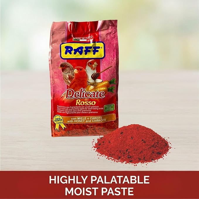 Raff Delicate Rosso 500g – Red Canary Food Enriched with Honey and Carrots – Specialized Red Factor Formula for Seed-Eating Birds Seeking Vibrant Plumage and Optimal Health