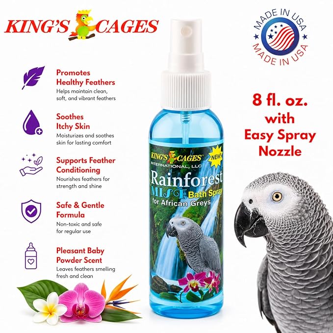 King's Cages Rainforest Mist Spray African Grey 8 oz. Feather Conditioning Spray with Baby Powder Scent for Medium Bird Breeds Skin Relief and Plumage Care
