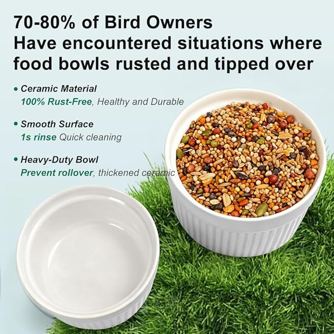 Bird Feeder for Cage Bowl, Ceramic Parrot Feeding Cups - Automatic Easy to Clean & Install, Dishwasher Safe Small Animal Food Water Bird Dish for Parrots, Cockatiels, Canaries(White)