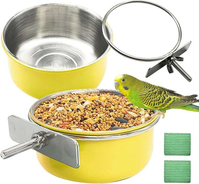 Kathson 2Pcs Stainless Steel Bird Bowls, Parakeet Food Dish Parrot Cage Feeder with Clamp Holder Small Bird Feeding Cup Pet Bird Feeder for Parakeet Cockatiels Conure Budgies Chinchilla Small Animal