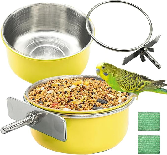 Kathson 2Pcs Stainless Steel Bird Bowls, Parakeet Food Dish Parrot Cage Feeder with Clamp Holder Small Bird Feeding Cup Pet Bird Feeder for Parakeet Cockatiels Conure Budgies Chinchilla Small Animal