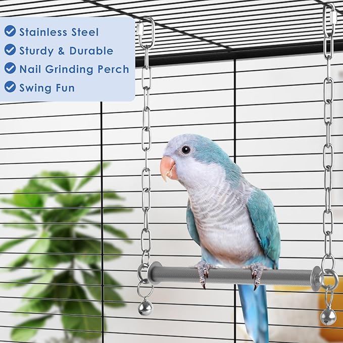 DBNESS Stainless Steel Large Bird Swing, Hanging Heavy Duty Parrot Swings Perches Stand Toys with Bell, Claw Grinding Birdcage Accessories for Macaw Afican Grey Amazon Cockatoo