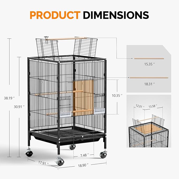 VINGLI 38-inch Bird Cage with Wheels, Durable Wrought Iron Parakeet Cage with Slide Out Tray, Black Bird Cages for Parakeets/Lovebird/Cockatiels/Budgies and Other Small/Medium Birds (Medium-38 inch)