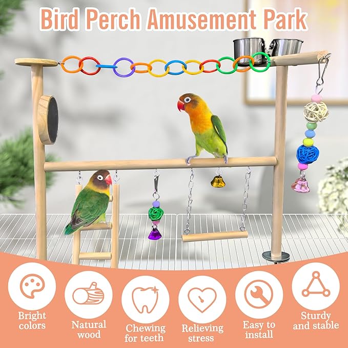 Hamiledyi Small Bird Playground Natural Wood for Top of Cage Bird Perch Stand for Parrots Play Gym Toys for Small Birds Parrot Cockatiel Love Birds Budgie(Style A)