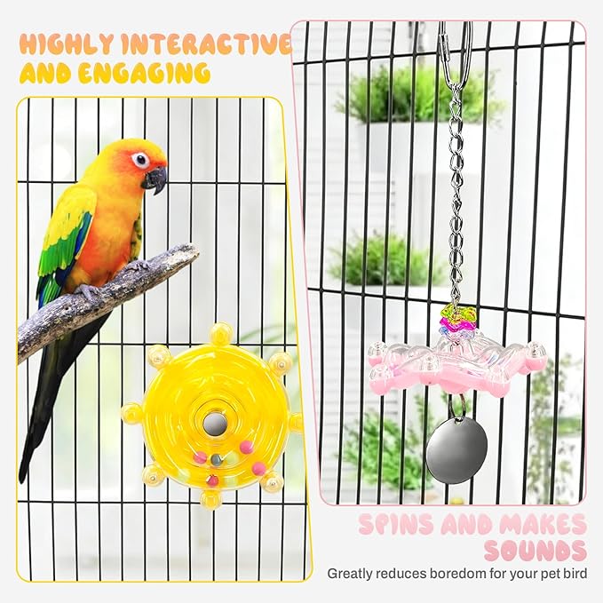 Parakeet Toys, 2 Pack Bird Toys for Parakeets - Interactive Colorful Spinner Wheel Rattle with Bell for Cockatiels, Budgies, Conures, Small Parrot Cage Chewing Exercise Enrichment Toys (Yellow & Pink)