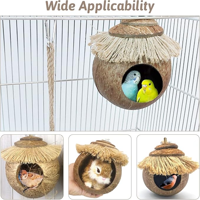 Tfwadmx Natural Coconut Fiber Hanging Birdhouse for Cage, Bird Shell Breeding Nest for Parrot, Parakeet, Lovebird, Finch, Canary, Small Animals House, Bird Hideout with Coconut Twine Decoration