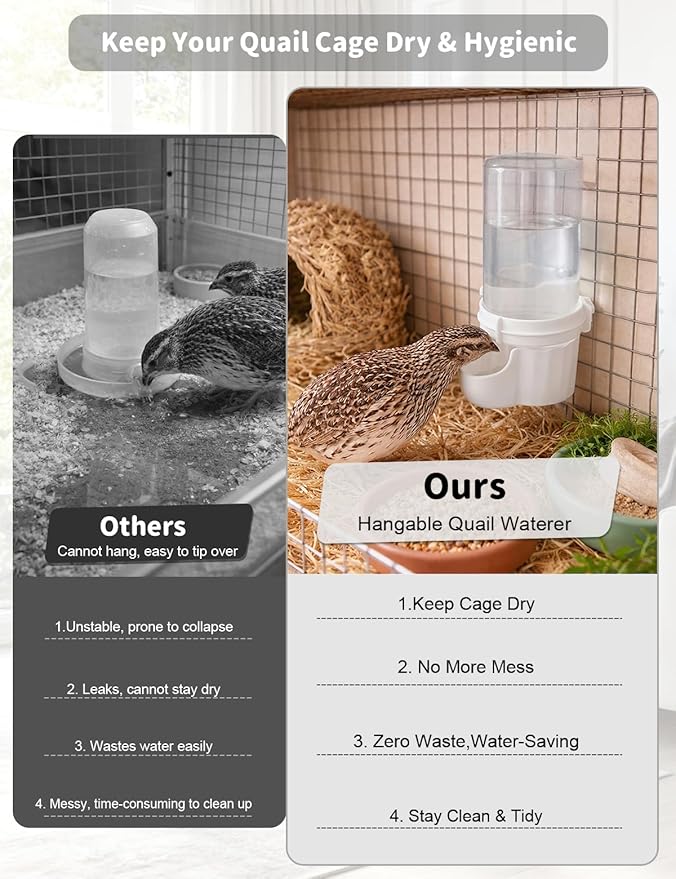 Quail Chick Waterer with Anti-Drowning Shallow Tray, 16.6 fl oz Automatic Gravity Button Quail Waterer, Hanging or Free-Standing Bird Water Dispenser for Wire Mesh Cages and Brooders (White)