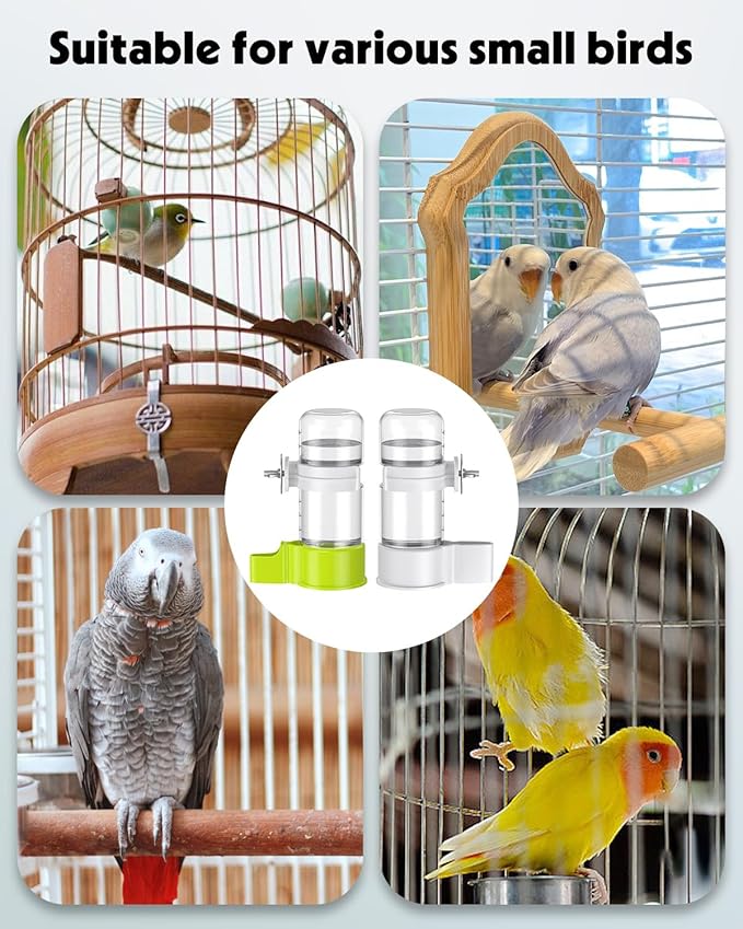 Pawfly 2 Pcs Bird Water Dispenser, Automatic Bird Water Feeder, Plastic Bird Cage Water Dispenser, White&Green Parrot Waterer for Parakeet Cockatiel Budgie Lovebirds (Not Fit for Food Feeding)