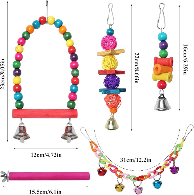 Bird Toys for Conures with Colorful Hammock Bird Cage Accessories Wooden Perch Stand Hanging Bell Birds Chewing Toys for Parrot Parakeet Budgerigar Cockatiel Lovebirds
