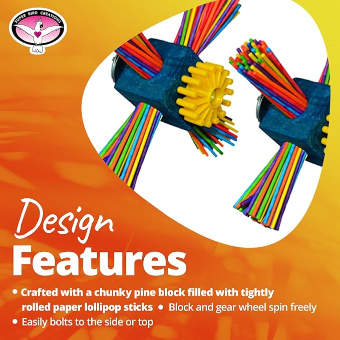 Super Bird Creations SB963 Twirl N' Whirl Bird Toy - Handcrafted Wooden Bird Stuff with Lollipop Sticks & Spinning Block - Relieves Boredom Peeling & Chewing for Parrots, Medium Sized Birds - 6.5"x4"
