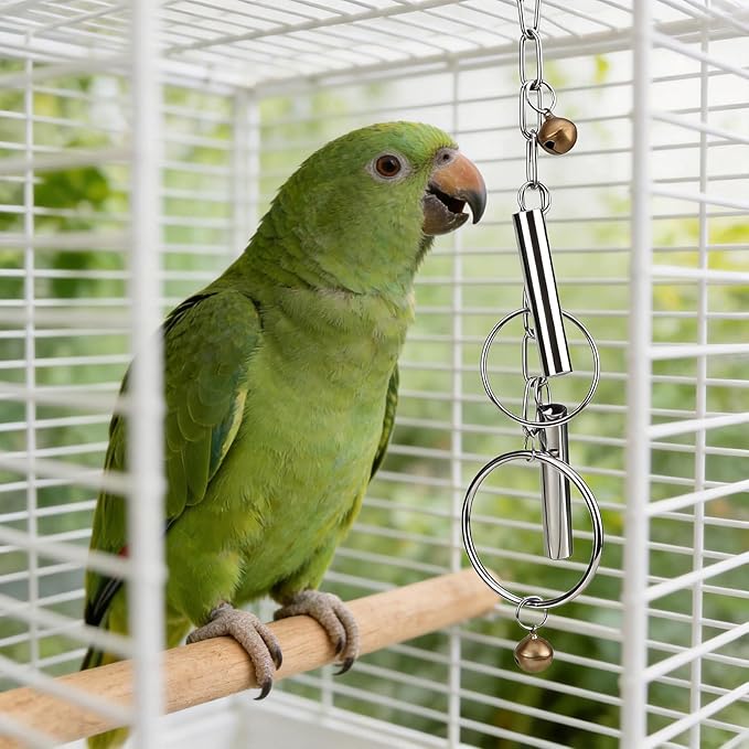 Durable Stainless Steel Bird Bell Toy with Hanging Metal Rings - Heavy Duty Parrot Cage Accessory for Macaws, Cockatoos & Large Birds, Engaging Sound & Chew Resistant Pet Enrichment Toys