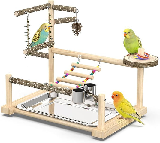 Bird Playground, Parrot Playstand Cockatiel Playground, Bird Play Stand with Feeder Cups, Swings, Ladder and Removable Tray, Parrot Perch Stand for Parakeet Conure Lovebird Budgie