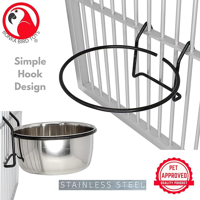 Bonka Bird Toys 3497 20oz Stainless Steel Hook Cup with Powder-Coated Black Hanger for Medium to Large Birds Cage-Mounted Feeding Bowl