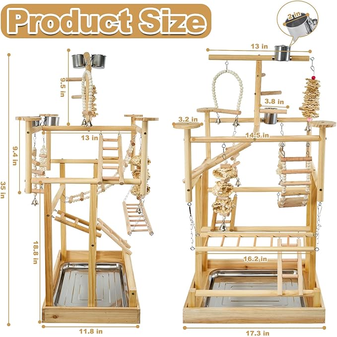 LIMIO Bird Playground - Natural Wood Parrot Playstand with Perches, Bird Play Gym & Accessories, Removable Tray & 4 Stainless Steel Cups