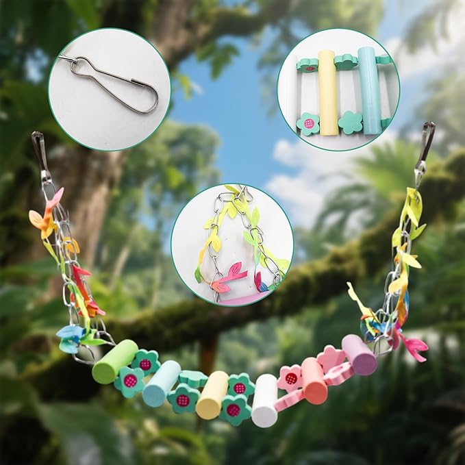 Colorful Wooden Bridge Bird Swing – Hammock-Style Swing Toy with Painted Rungs, Floral Accents & Metal Hooks for Budgies, Cockatiels & Small to Medium Birds