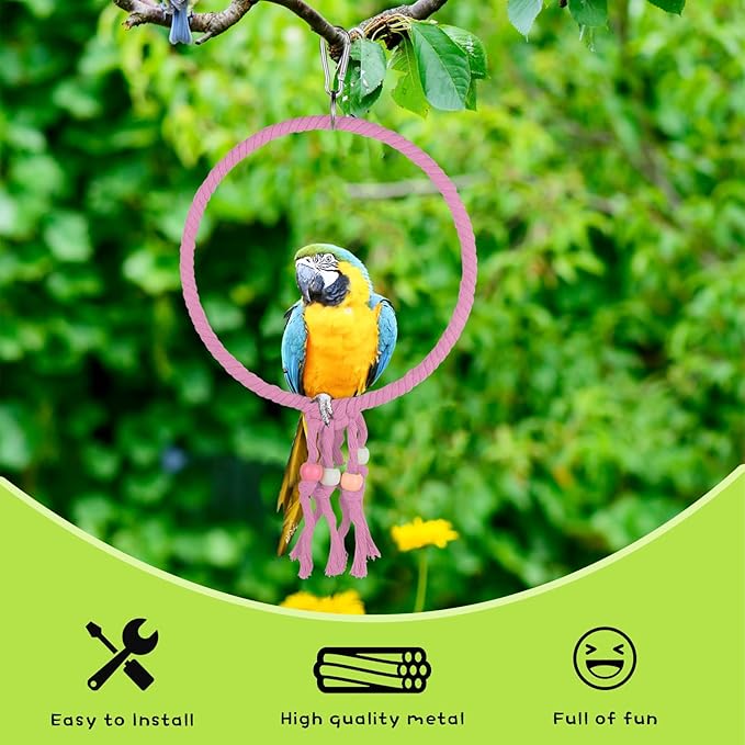 Bird Swing, 20 CM Diameter Hanging Parrot Swing with Colourful Beads, Swing Parrot Toys Cotton Rope Ring Bird Cage Toys for Budgie, Cockatiel, Canary, Parakeet, Finch (Pink)