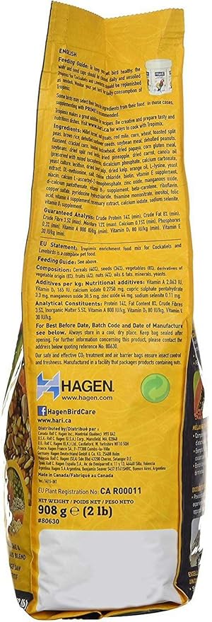 Hari Hagen Tropimix Enrichment Food for Cockatiels & Lovebirds, 2 lb. - HARI Parrot Food with Seeds, Fruit, Nuts, Vegetables, Grains, and Legumes