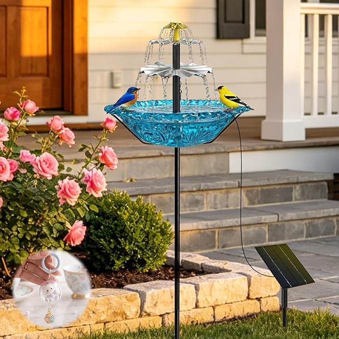Bird Bath Fountain Solar for Outside, Outdoor Water Fountain Plastic, Attracts Birds with Cascading Spray for Yard & Patio (Blue(XL))