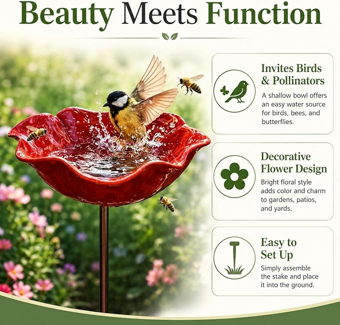 Bird Bath for Outside, Metal Flower Stakes with Bee Watering Station for Garden Decor, Decorative Flower Bath for Yard Patio or Backyard (Green)