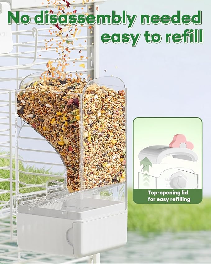Bucatstate Automatic Bird Feeder for Cage, No Mess Self Cleaning, Large Capacity with Waste Drawer, No Installation Required, Parakeet Feeder for Parrots Budgies Cockatiels Canaries (Pink White)