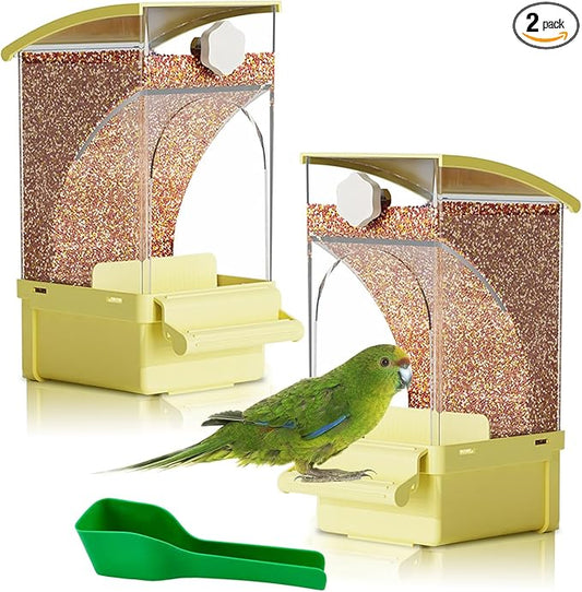 Hamiledyi 2Pcs Automatic Bird Feeder No Mess Bird Cage Feeder Transparent Acrylic Parrot Seed Food Container with Perch Cage Accessories for Parakeet Finch Lovebirds Budgies Canary (Yellow)
