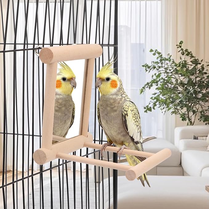 Wontee Bird Mirror Bird Toys for Budgies Parakeets Cockatiels Lovebirds Conures (2pcs-Wood Color)