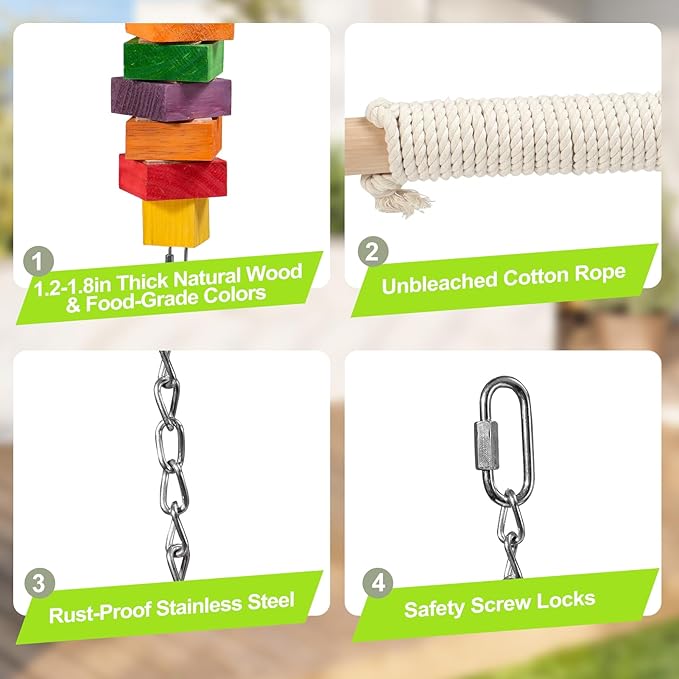 4lb Heavy Duty Bird Toys for Large Parrots - 21.6" Giant Refillable Parrot Toy Swing for Macaws & Cockatoos, Large Natural Wooden Block Chew & Shredding Toy,Beak Health