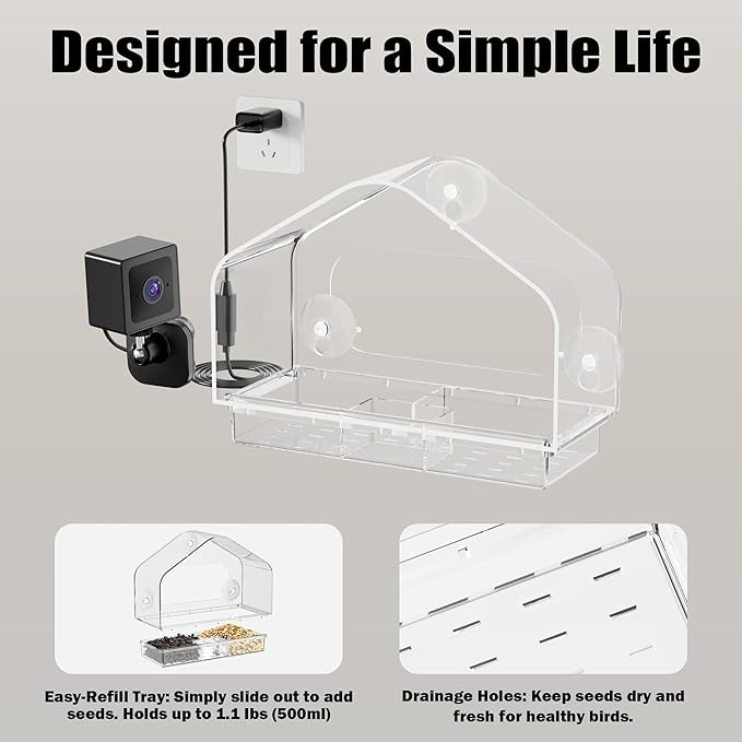 Smart Window Bird Feeder with 2K Camera & AI Identification, Strong Suction Cup Mount, All-Weather Design, Real-Time Alerts, Easy to Install, for Apartments & Homes, for Bird Lovers
