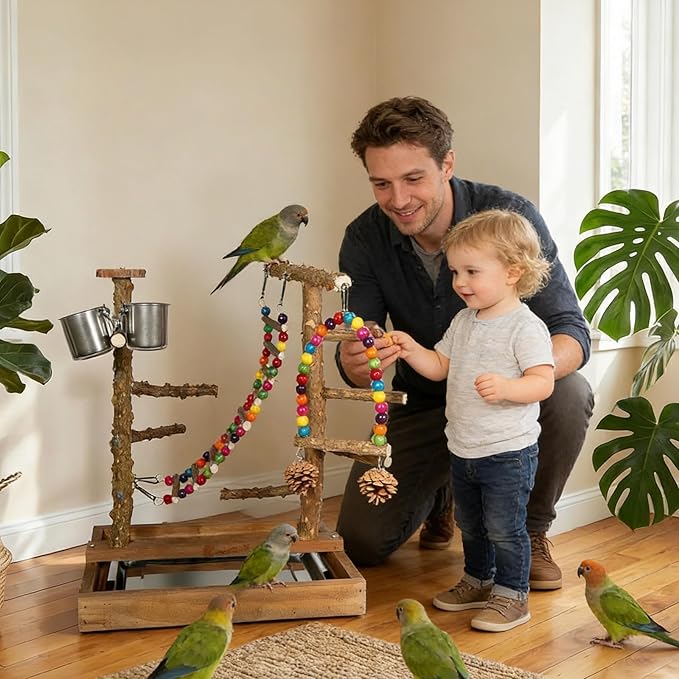 Wooden Bird Play Stand Parrots Playground Perch Stand with Bird Ladder Chewing Toys and 2 Stainless Steel Cups (Brown)