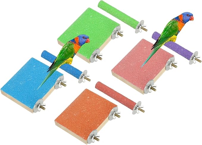Bird Perch Stand, Wooden Parrot Perch Stand Toy, Paw Grinding Stick, Bird Cage Accessories, 3.94 x 3.15in (4 Colors, 4 Pcs) Birds Toys Intended for Cage/Parakeets/Conure