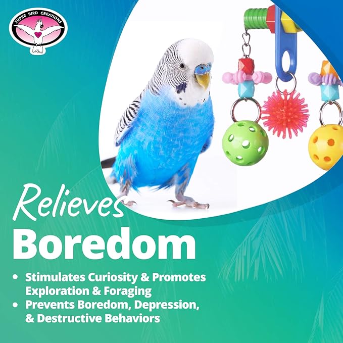 Super Bird Creations SB1087 Tug O' War Bird Toy for Parrotlets, Parakeets, Cockatiels, Lovebirds, Ringnecks, Medium Conures, Quaker, Caiques - Multi-colored toys - Small/Medium Bird Size, 6" x 3" x 1"
