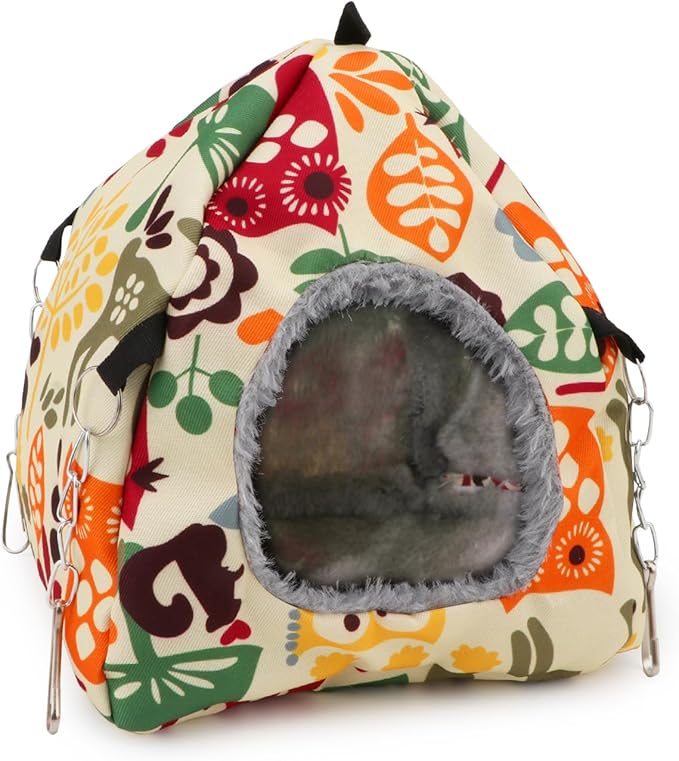 Bird Plush Hammock Parrot Hanging Snuggle Cave Happy Hut Tent for Parakeet Cockatiel Conure Lovebird Budgie Hamster Gerbil Rat Chinchilla Squirrel Cage (M, Beige Pattern)