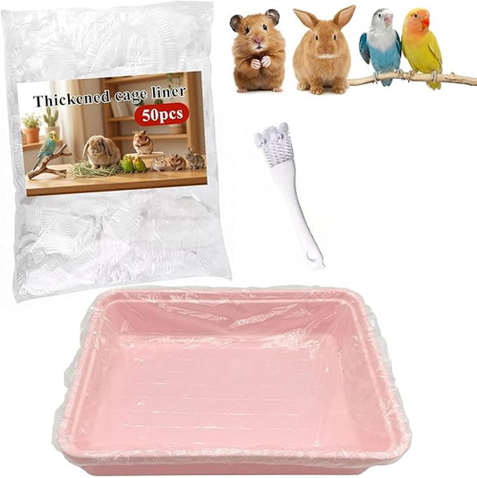 50 Pcs Disposable Small Animal Cage Liners - Clear Plastic Rabbit & Bird Cage Liners, Leakproof Guinea Pig Pet Tray Film with Hangable Cleaning Brush (59''-50P)