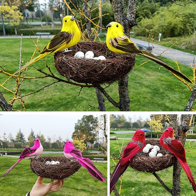 Artificial Bird Nest with Bird and Eggs, Artificial Feathered Birds Nest Eggs Easter Decor Home Ornament for Home Garden Decoration DIY Craft Tree Decoration