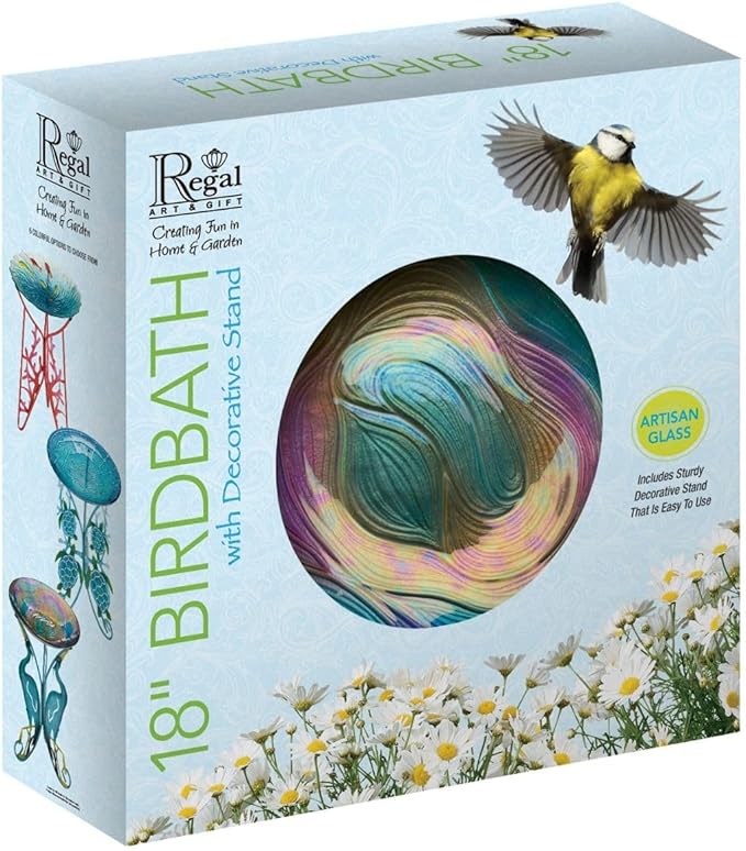 Regal Art & Gift 25" Bird Bath with Decorative Stand - Durable Glass Bowl with Heavy-Duty Metal Stand, Easy to Fill, Ideal for Patio, Porch & Garden Décor - Heron