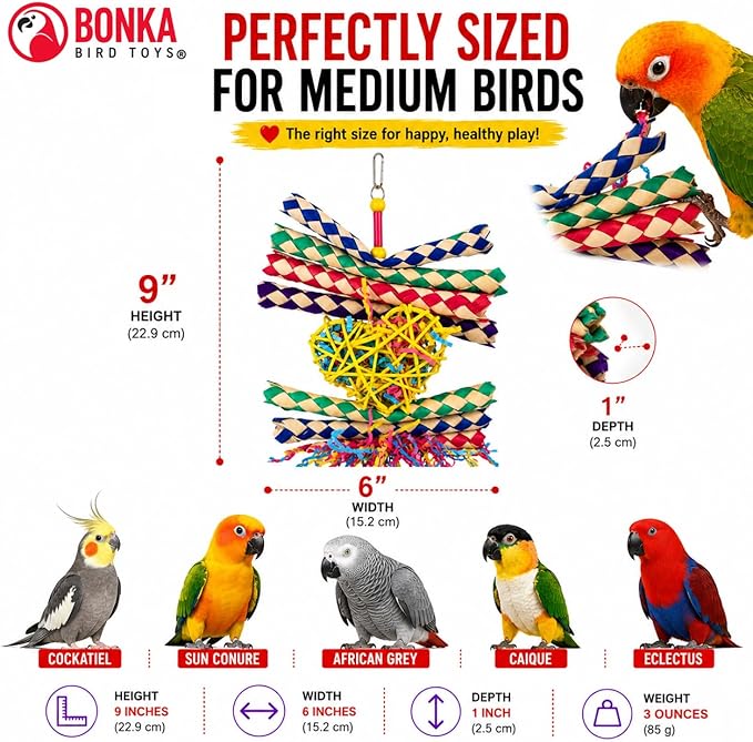 Bonka Bird Toys 1730 Foraging Valentine Heart Bird Toy for Medium Birds Shredding and Chewing Cage Toy Colorful Palm Leaf and Paper Foraging Toy 9" x 6"