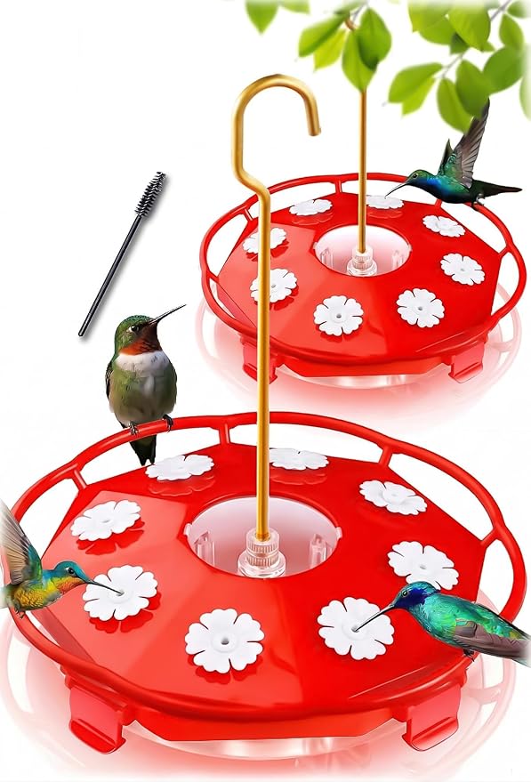 eWonLife Hummingbird Feeder for Outdoors Hanging, Humming Bird feeders, Easy to Clean and Fill, Leak Proof, 2 Pack Saucer Feeder for Birds, with Clean Brush and 8 Feeding Ports (16 OZ/Pack)