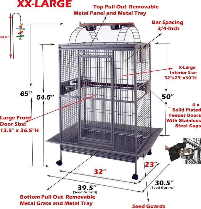XX-Large Castle PlayTop Parrot Sturdy Wrought Iron Cage 32" W x 23" L x 66" H for Large Size Macaws Cockatoos African Grey Amazon