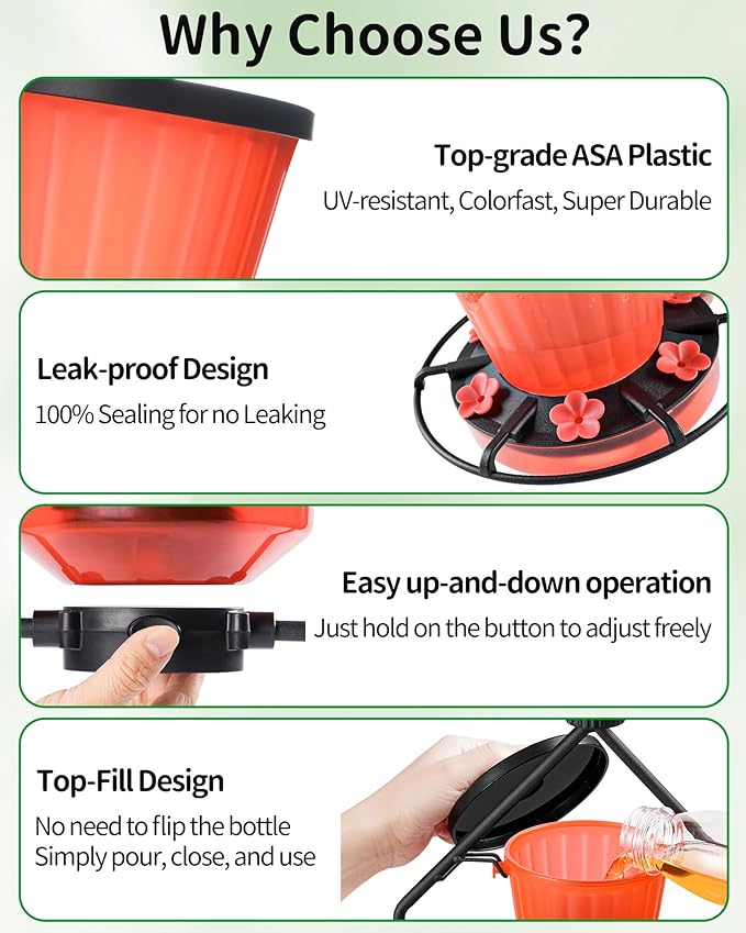 WROSWT Retractable Hummingbird Feeder, 19oz Top-Fill Wide Mouth with Height Adjustment, UV-Resistant ASA Plastic, 100% Leak-Proof Base& Dishwasher Safe Feeders for Outdoor Hanging, Red