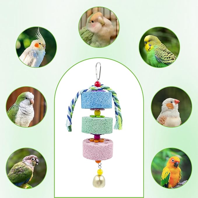 Mineral Block Chew Toys with Colorful Beads and Bell, Bird Beak Grinding Stone, Cage Accessories for African Grey, Budgies, Cockatiels, Small to Medium Birds