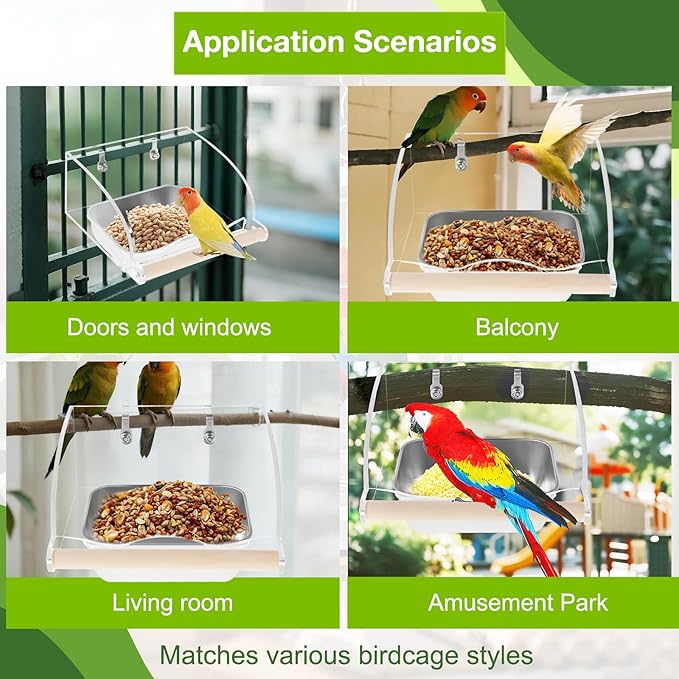 Bird Feeder for Cage,Transparent Parrot Feeder with Nonslip Wood Perch, Stainless Steel Birds Food Bowl Water Bowl, Bird Cage Seed Catcher for Small Medium Parakeet Cockatoos Lovebirds Budgies Conures