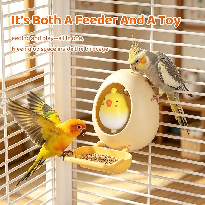 Egg Bird Feeder Chew Toy,Interactive Hanging Bird Cage Toy with Food Tray,Spring Chick Foraging Toy,Bird Cage Accessories for Parakeets,Cockatiels & Lovebirds(Yellow)