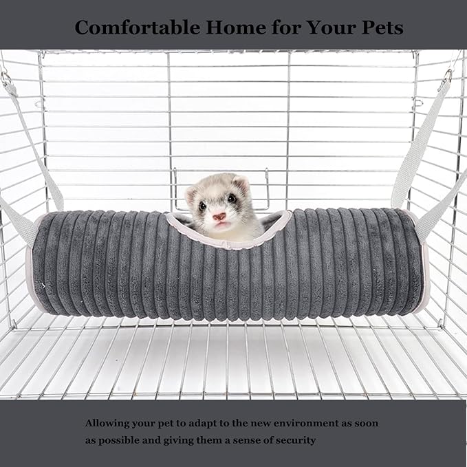 Small Animal Hammock Tunnel Bed, Warm Hamster Nest in Winter, Hanging Tunnel Hammock Toys for Guinea Pigs, Ferrets, Sugar Gliders(Grey)