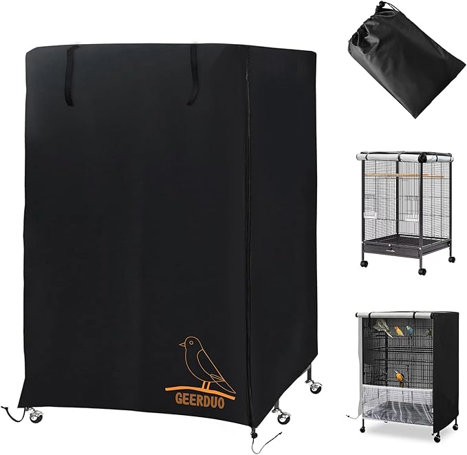 Bird Cage Cover, 600D Universal Parrot Cage Cover for Night, 100% Shading Oxford Cloth with Waterproof PU Coating Layer, Adjustable Soft Airy Nylon Mesh Net