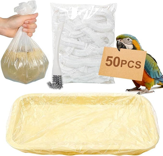 17X12.6 Inches Disposable Bird Cage Liner Bags, 0.6 Mil 50 Pack Plastic Leak-Proof with Cage Cleaning Brush, for Parrots, Rabbits, Guinea Pigs