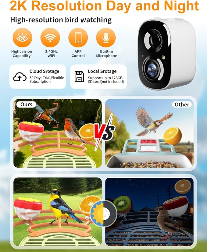Bird Feeder with Camera, 2K HD Camera Birds Feeder with AI Bird Recognition, Solar Powered Smart Birdfeeder with App Control, Color Night Vision, Gift Box Package, Easy Install & Family Sharing