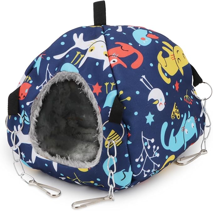 Wontee Bird Plush Hammock Parrot Hanging Snuggle Cave Happy Hut Tent for Parakeet Cockatiel Conure Lovebird Budgie Hamster Gerbil Rat Chinchilla Squirrel Cage (S, Blue Cat)